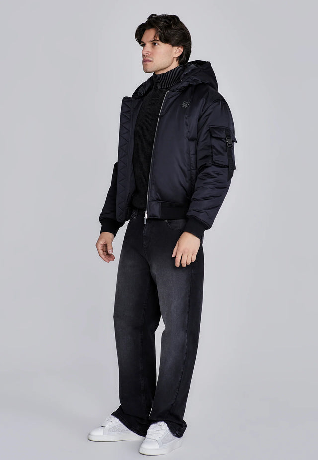 SikSilk - Black Hooded Bomber Jacket