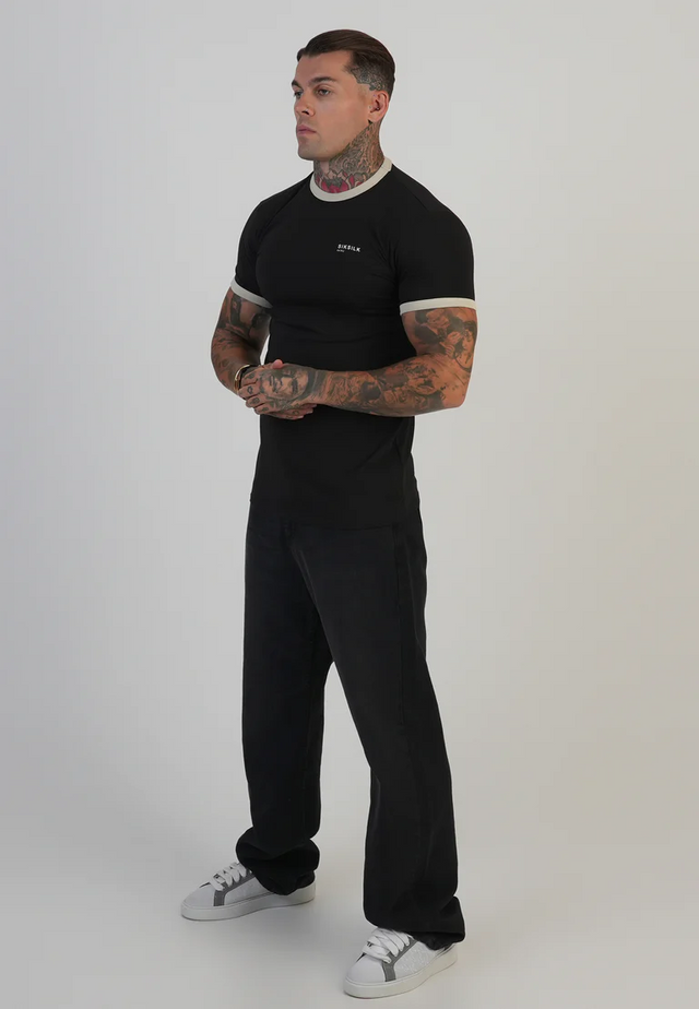 SikSilk - Black and Ecru Ringer T-Shirt