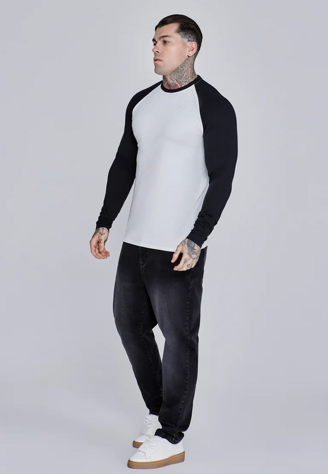 SikSilk - White and Black LS Muscle Fit T-Shirt