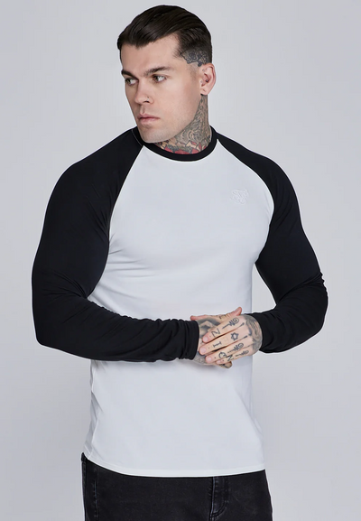 SikSilk - White and Black LS Muscle Fit T-Shirt