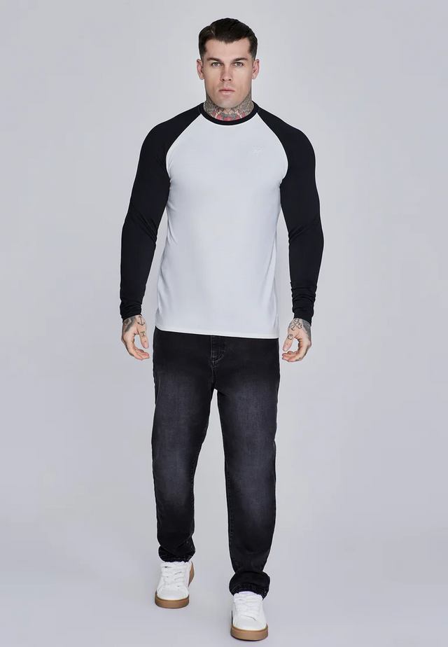 SikSilk - White and Black LS Muscle Fit T-Shirt