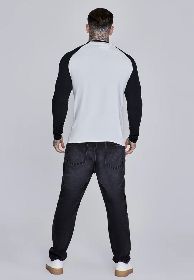 SikSilk - White and Black LS Muscle Fit T-Shirt