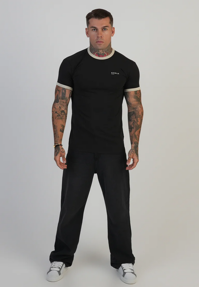 SikSilk - Black and Ecru Ringer T-Shirt