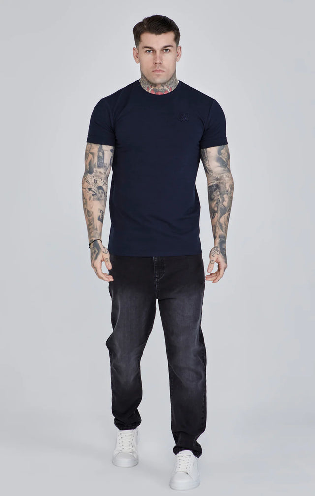 SikSilk - Navy Roll Sleeve T-Shirt