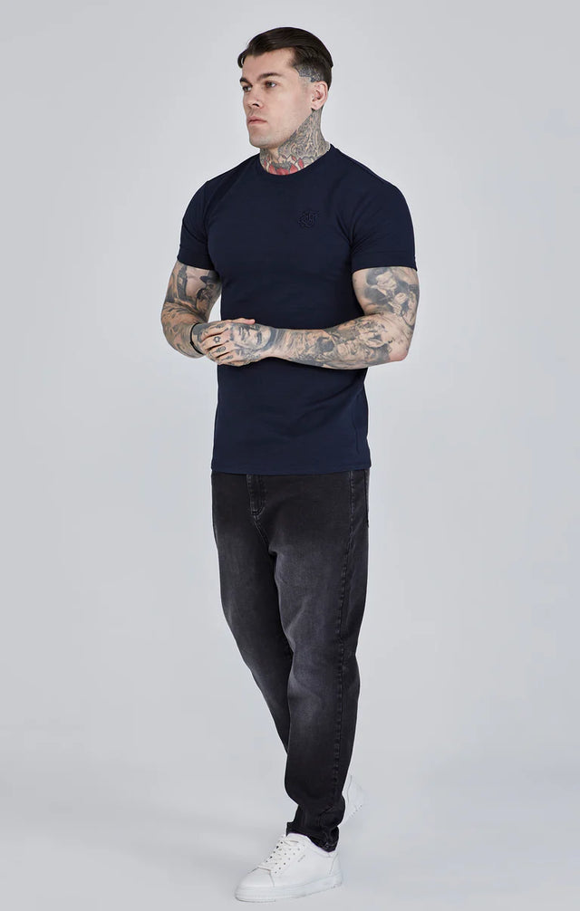 SikSilk - Navy Roll Sleeve T-Shirt