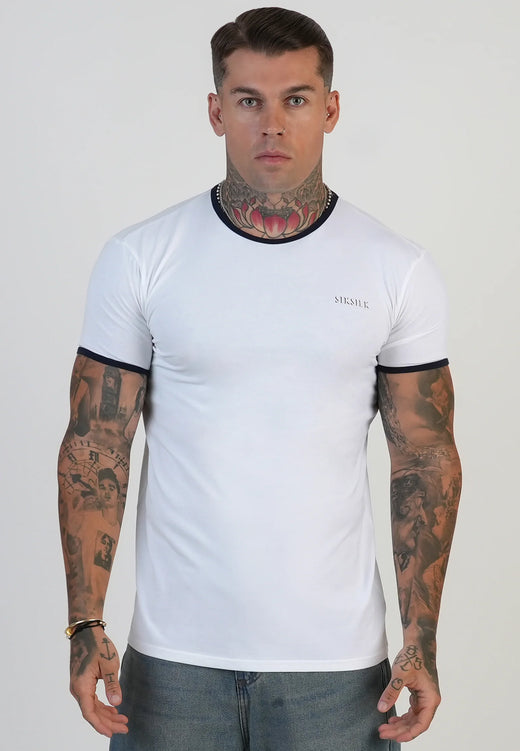 SikSilk - White and Navy Ringer T-Shirt