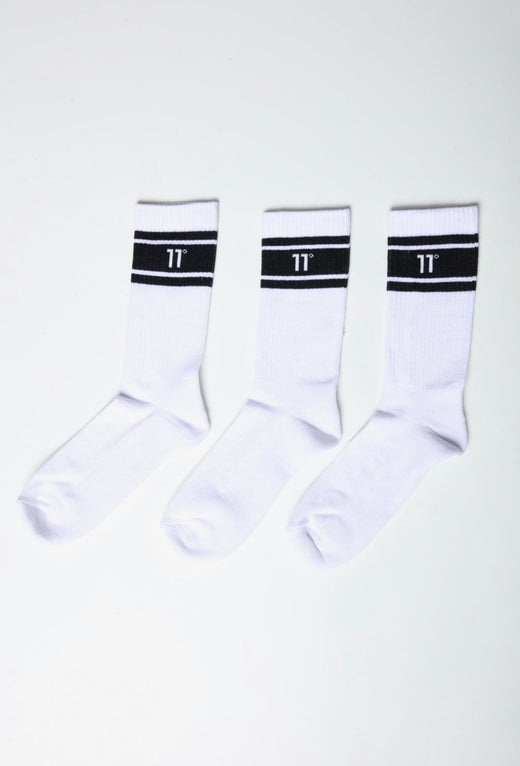 11 Degrees - Stripe Crew Socks 3Darab - White
